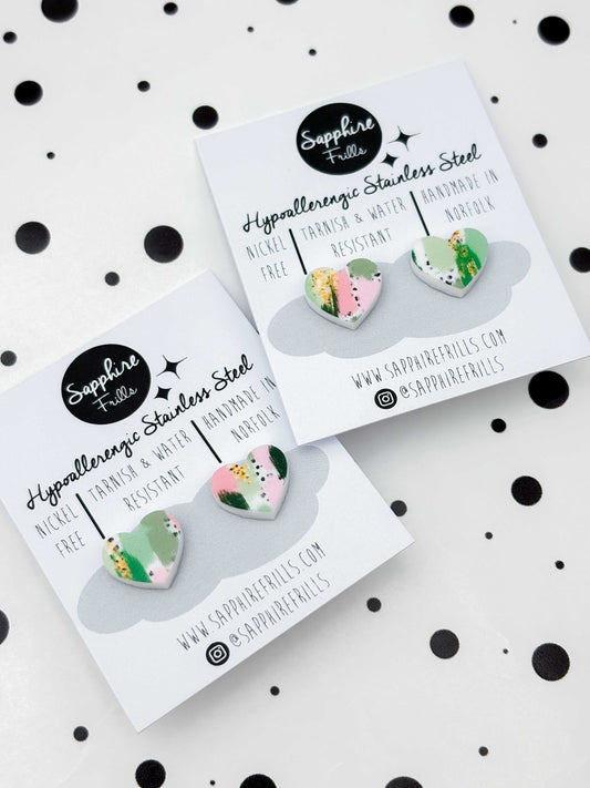 Small Green & Pink Jungle Smudge Heart Stud Earrings – Hypoallergenic Stainless Steel