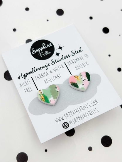 Small Green & Pink Jungle Smudge Heart Stud Earrings – Hypoallergenic Stainless Steel