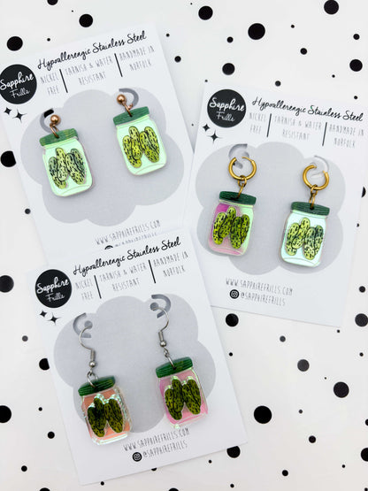 Large Green Glitter Marble Pickles in a Jar Dangle Earrings or Necklace – Hypoallergenic Stainless Steel