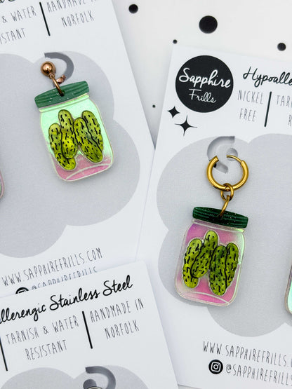 Large Green Glitter Marble Pickles in a Jar Dangle Earrings or Necklace – Hypoallergenic Stainless Steel