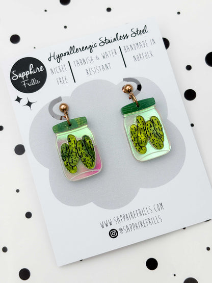 Large Green Glitter Marble Pickles in a Jar Dangle Earrings or Necklace – Hypoallergenic Stainless Steel