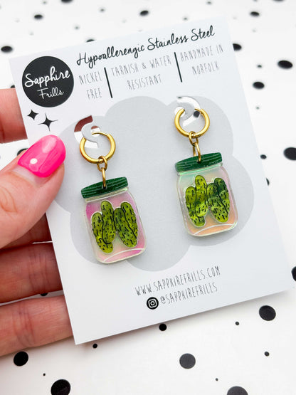 Large Green Glitter Marble Pickles in a Jar Dangle Earrings or Necklace – Hypoallergenic Stainless Steel