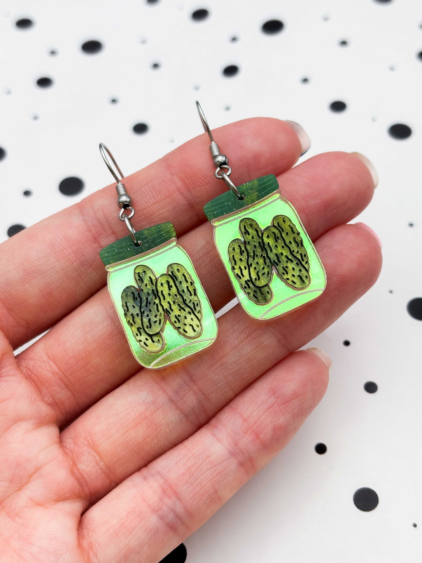 Large Green Glitter Marble Pickles in a Jar Dangle Earrings or Necklace – Hypoallergenic Stainless Steel