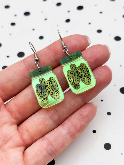 Large Green Glitter Marble Pickles in a Jar Dangle Earrings or Necklace – Hypoallergenic Stainless Steel