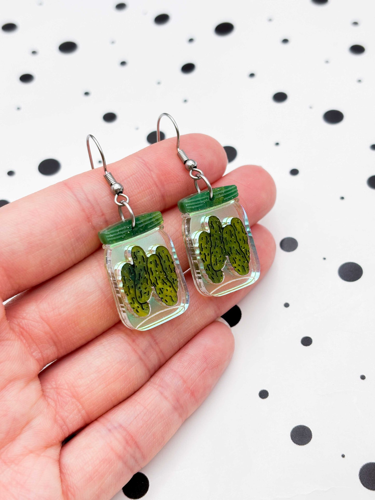 Large Green Glitter Marble Pickles in a Jar Dangle Earrings or Necklace – Hypoallergenic Stainless Steel