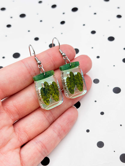 Large Green Glitter Marble Pickles in a Jar Dangle Earrings or Necklace – Hypoallergenic Stainless Steel