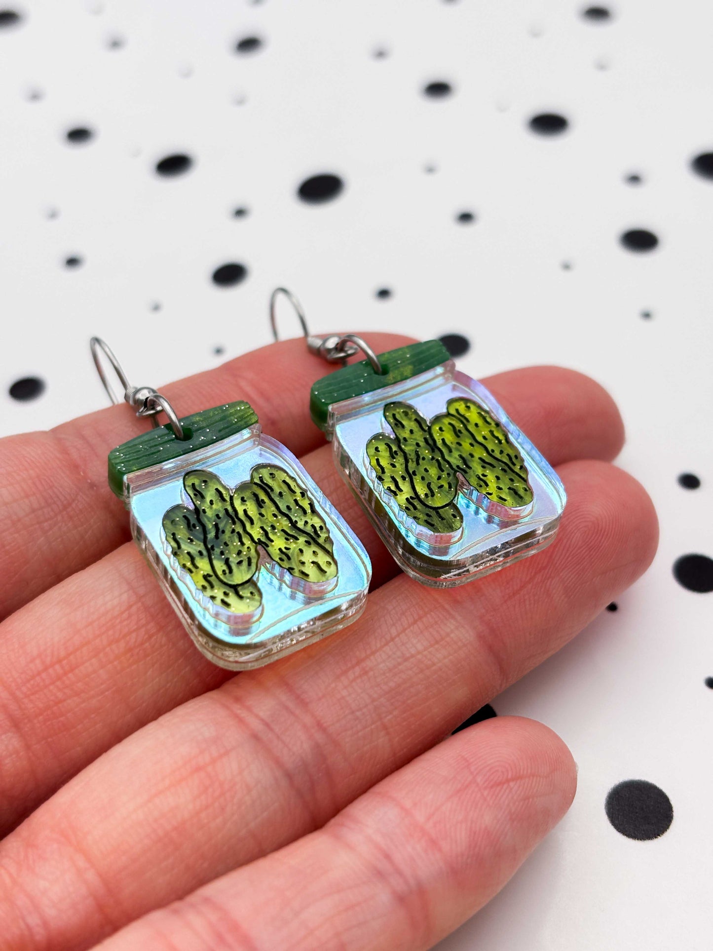 Large Green Glitter Marble Pickles in a Jar Dangle Earrings or Necklace – Hypoallergenic Stainless Steel