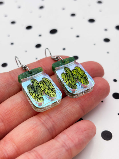 Large Green Glitter Marble Pickles in a Jar Dangle Earrings or Necklace – Hypoallergenic Stainless Steel