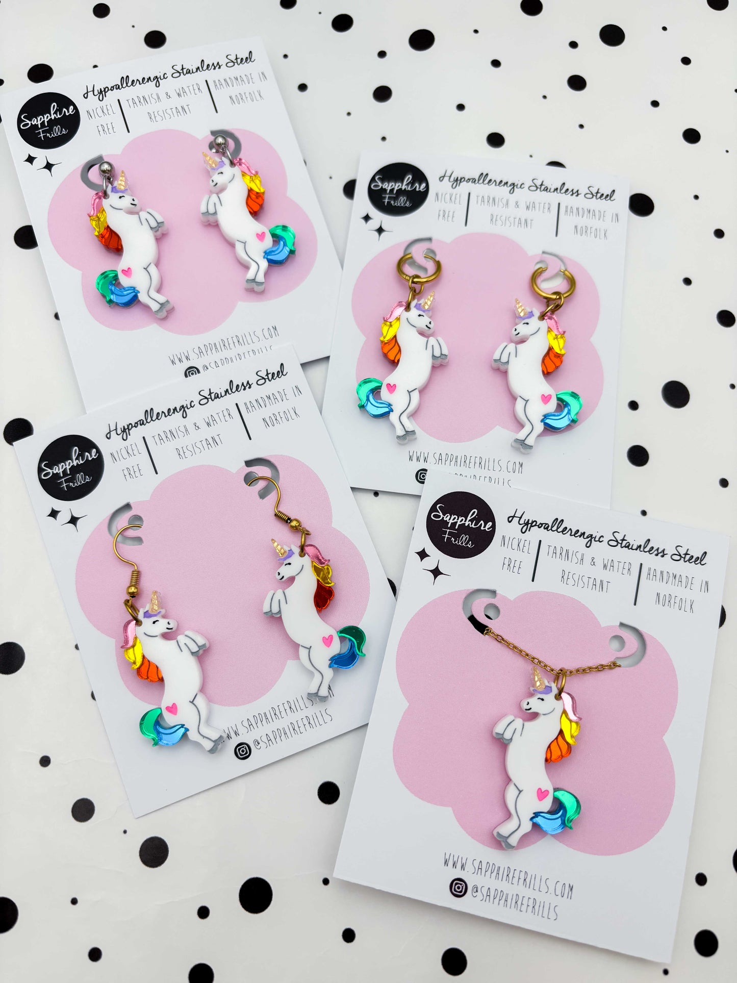 Large Rainbow Mirror Unicorn Dangle Earrings or Necklace – Hypoallergenic Stainless Steel