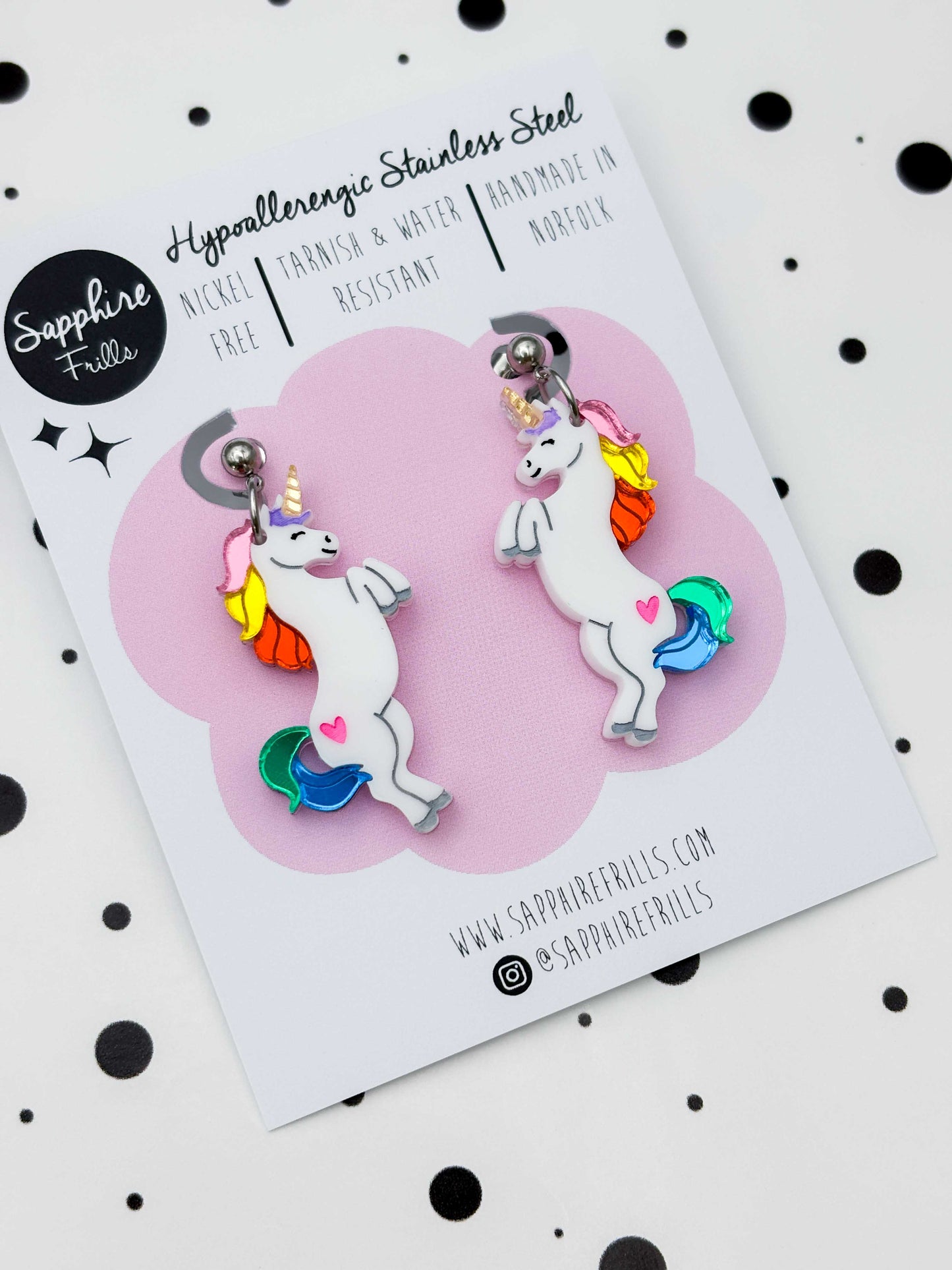 Large Rainbow Mirror Unicorn Dangle Earrings or Necklace – Hypoallergenic Stainless Steel