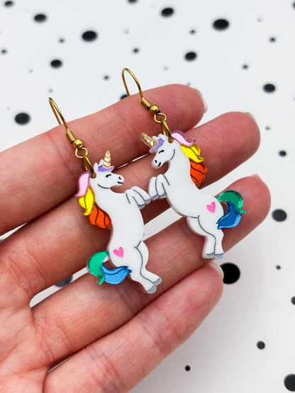 Large Rainbow Mirror Unicorn Dangle Earrings or Necklace – Hypoallergenic Stainless Steel