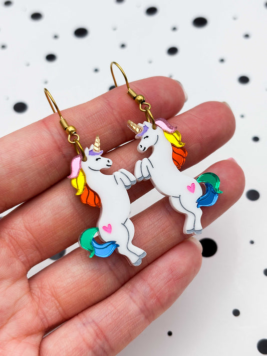 Large Rainbow Mirror Unicorn Dangle Earrings or Necklace – Hypoallergenic Stainless Steel