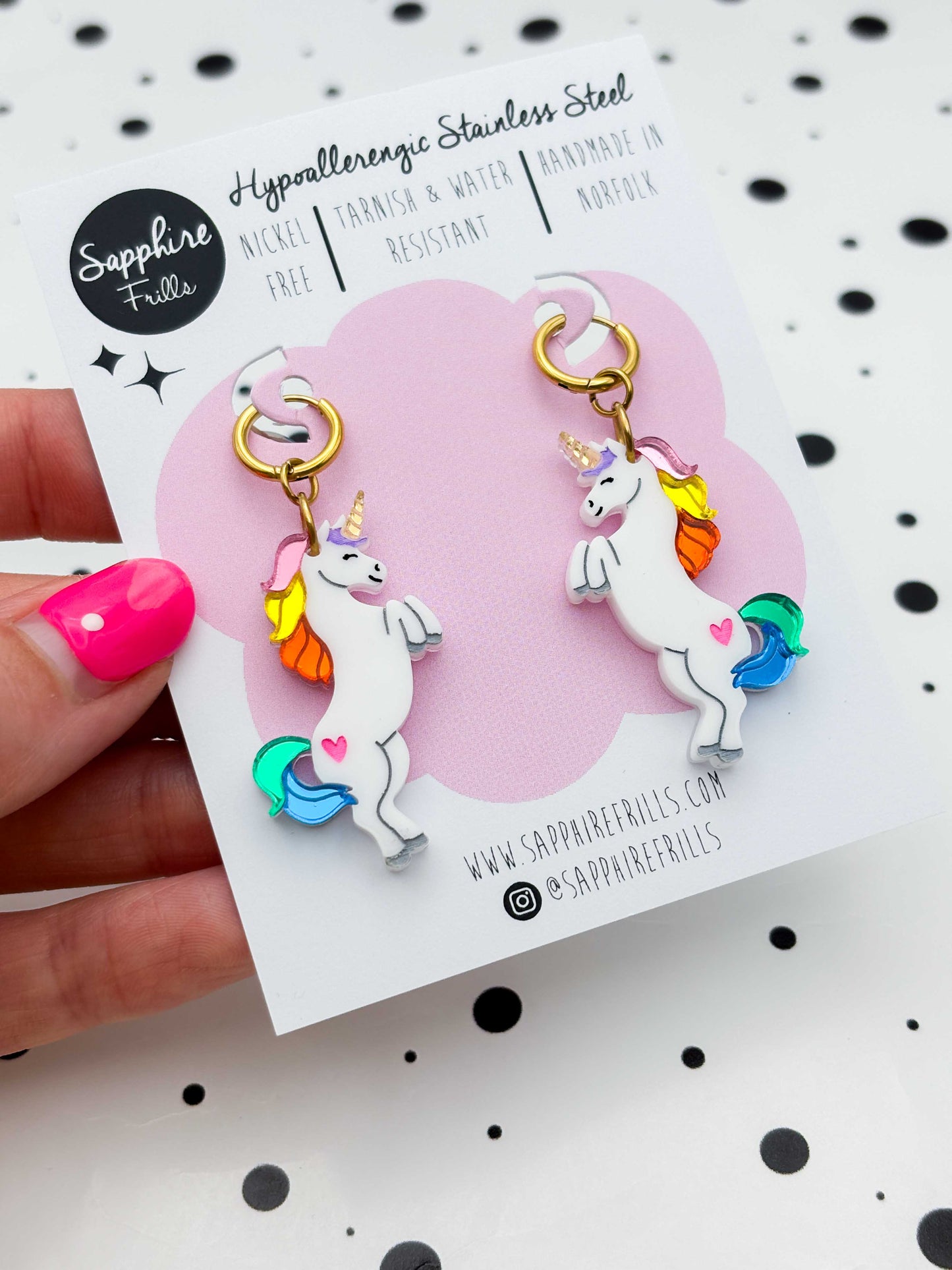 Large Rainbow Mirror Unicorn Dangle Earrings or Necklace – Hypoallergenic Stainless Steel