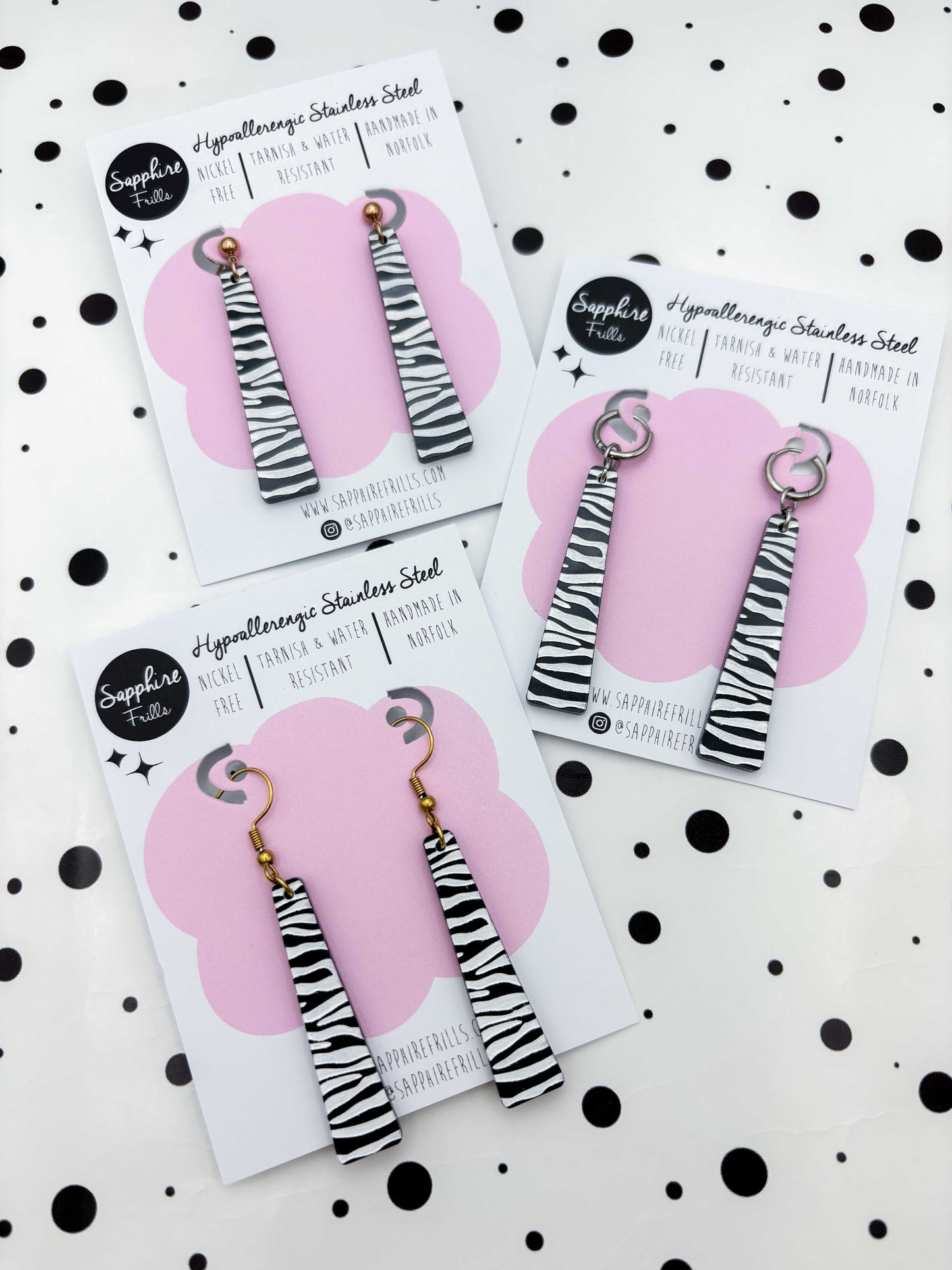 Large Black & White Zebra Print Trapeze Dangle Earrings or Necklace – Hypoallergenic Stainless Steel