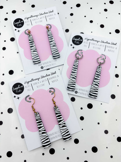 Large Black & White Zebra Print Trapeze Dangle Earrings or Necklace – Hypoallergenic Stainless Steel