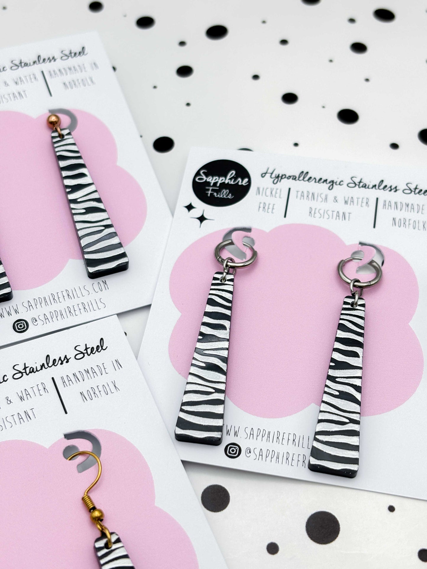 Large Black & White Zebra Print Trapeze Dangle Earrings or Necklace – Hypoallergenic Stainless Steel