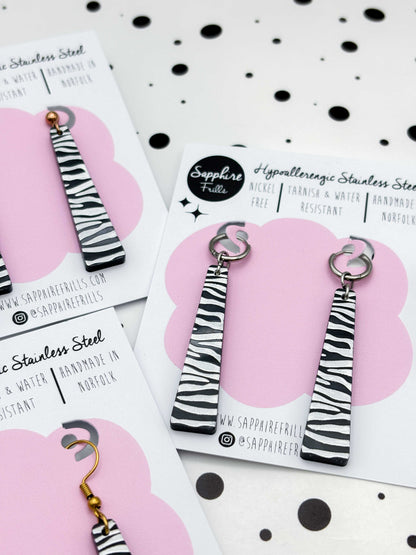 Large Black & White Zebra Print Trapeze Dangle Earrings or Necklace – Hypoallergenic Stainless Steel