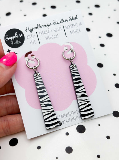 Large Black & White Zebra Print Trapeze Dangle Earrings or Necklace – Hypoallergenic Stainless Steel