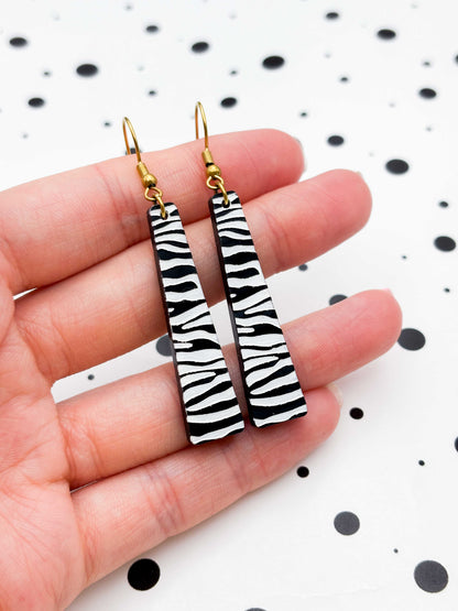 Large Black & White Zebra Print Trapeze Dangle Earrings or Necklace – Hypoallergenic Stainless Steel