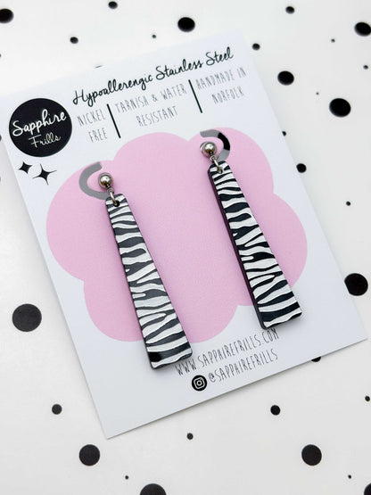 Large Black & White Zebra Print Trapeze Dangle Earrings or Necklace – Hypoallergenic Stainless Steel