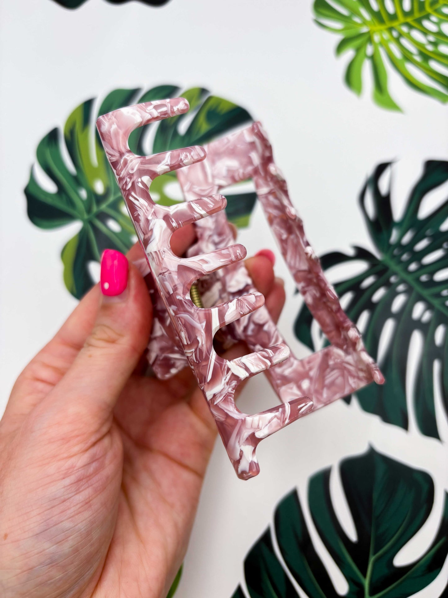 Large Pink & White Marble Claw Clip