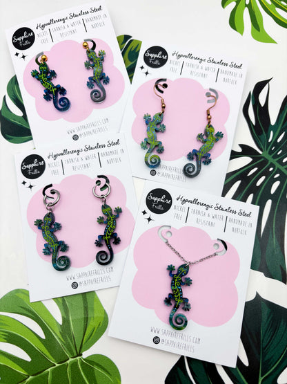 Large Dark Blue & Green Glitter Marble Gecko Dangle Earrings or Necklace – Hypoallergenic Stainless Steel