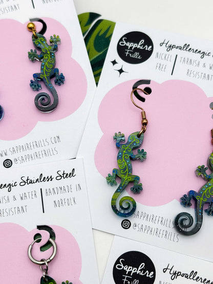Large Dark Blue & Green Glitter Marble Gecko Dangle Earrings or Necklace – Hypoallergenic Stainless Steel