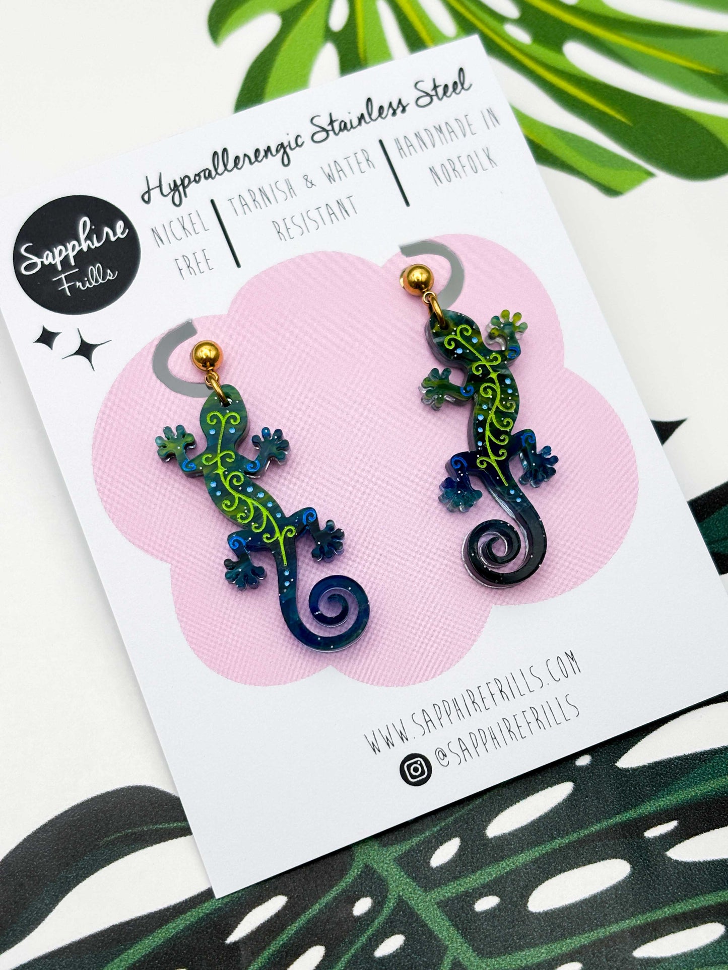 Large Dark Blue & Green Glitter Marble Gecko Dangle Earrings or Necklace – Hypoallergenic Stainless Steel