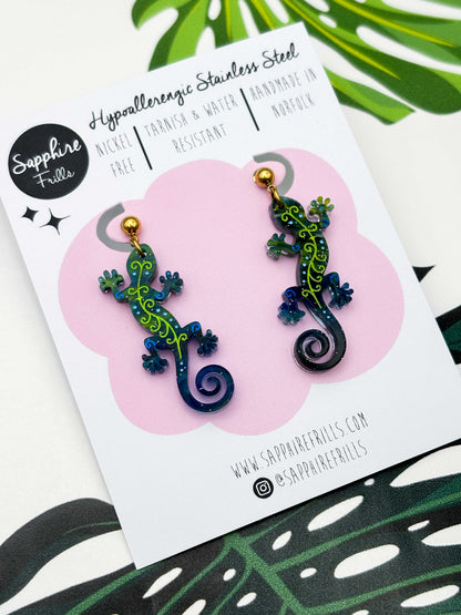 Large Dark Blue & Green Glitter Marble Gecko Dangle Earrings or Necklace – Hypoallergenic Stainless Steel