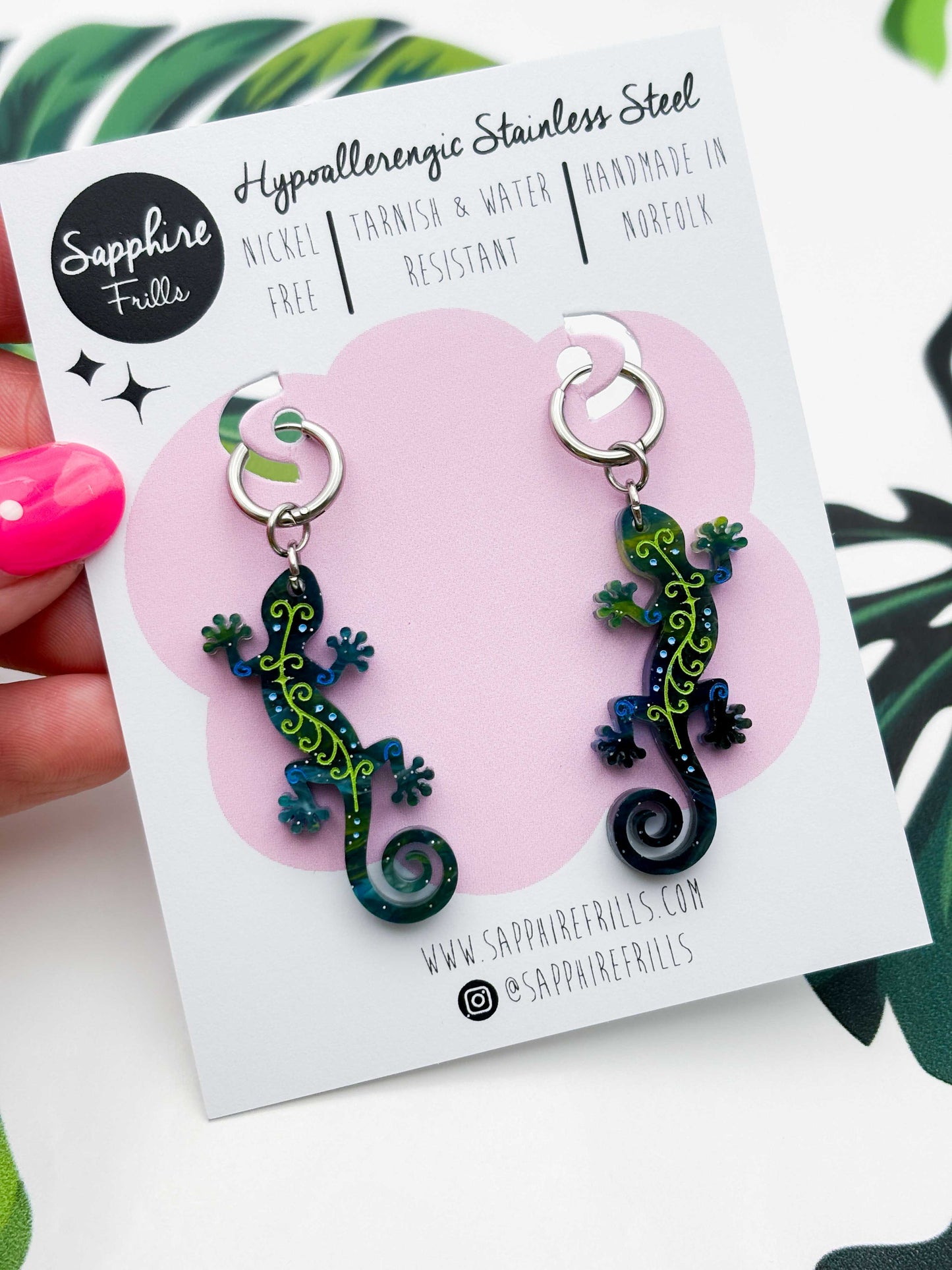 Large Dark Blue & Green Glitter Marble Gecko Dangle Earrings or Necklace – Hypoallergenic Stainless Steel