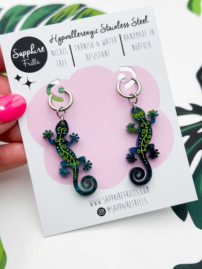 Large Dark Blue & Green Glitter Marble Gecko Dangle Earrings or Necklace – Hypoallergenic Stainless Steel
