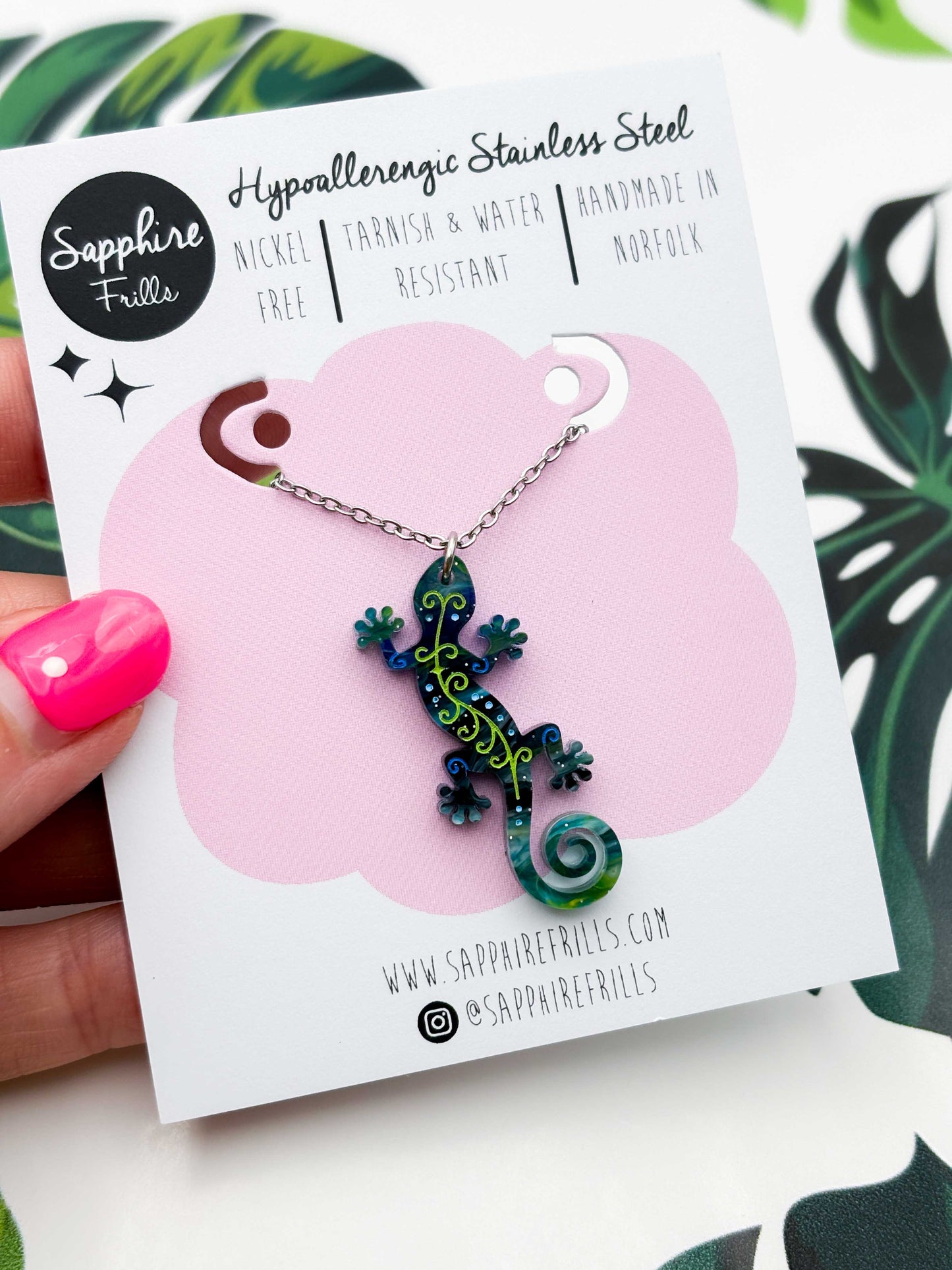 Large Dark Blue & Green Glitter Marble Gecko Dangle Earrings or Necklace – Hypoallergenic Stainless Steel