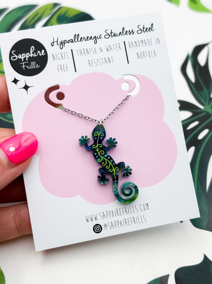 Large Dark Blue & Green Glitter Marble Gecko Dangle Earrings or Necklace – Hypoallergenic Stainless Steel