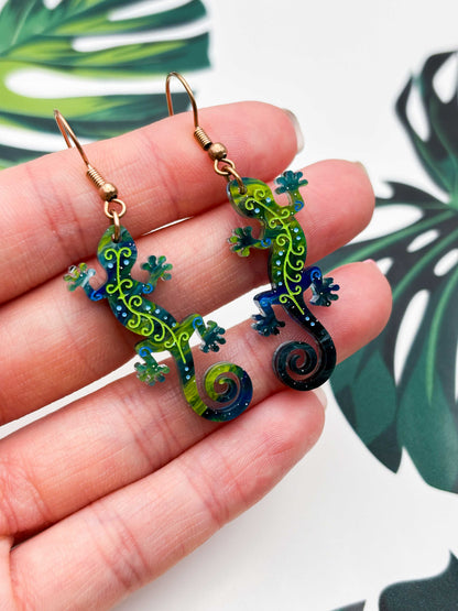 Large Dark Blue & Green Glitter Marble Gecko Dangle Earrings or Necklace – Hypoallergenic Stainless Steel