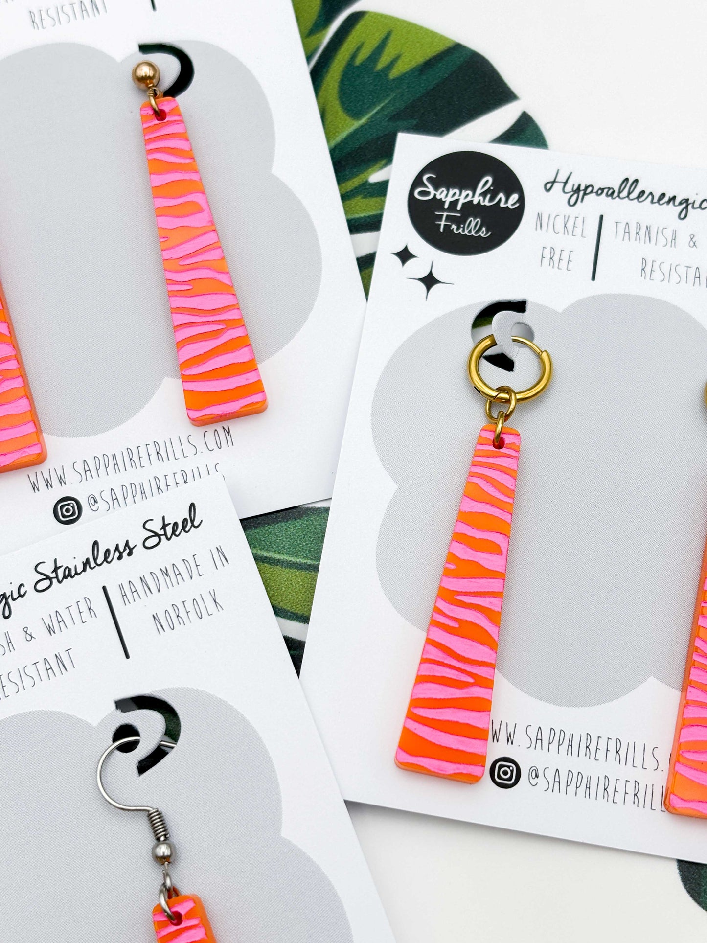 Large Hot Pink & Orange Zebra Print Trapeze Dangle Earrings or Necklace – Hypoallergenic Stainless Steel