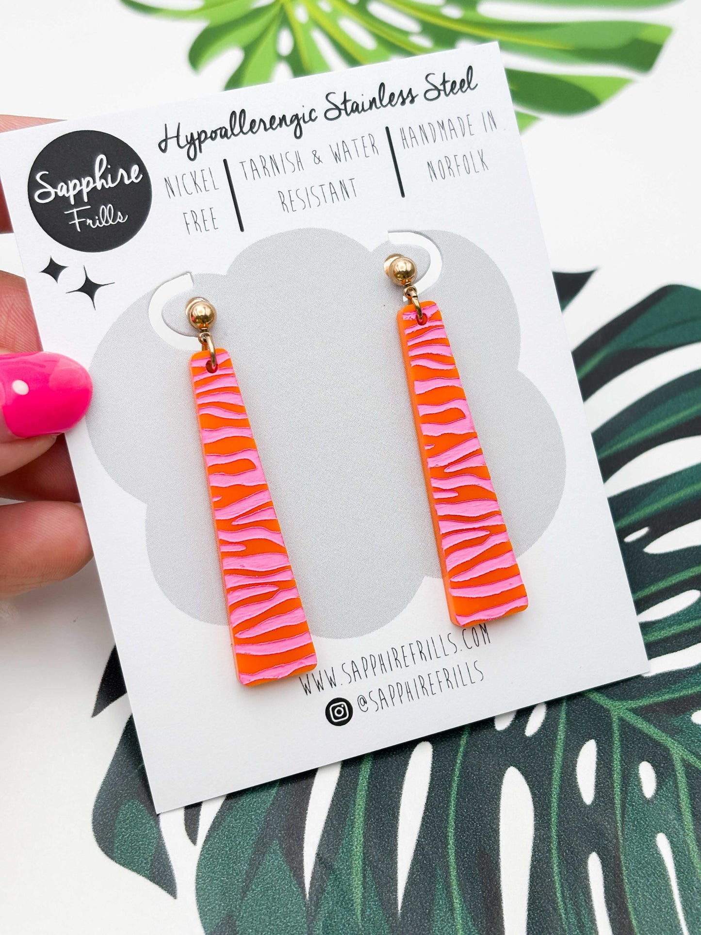 Large Hot Pink & Orange Zebra Print Trapeze Dangle Earrings or Necklace – Hypoallergenic Stainless Steel