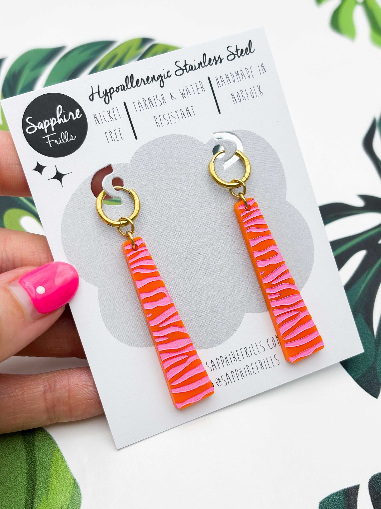 Large Hot Pink & Orange Zebra Print Trapeze Dangle Earrings or Necklace – Hypoallergenic Stainless Steel