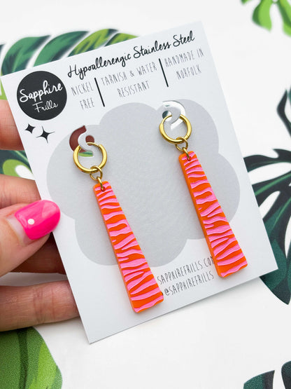 Large Hot Pink & Orange Zebra Print Trapeze Dangle Earrings or Necklace – Hypoallergenic Stainless Steel
