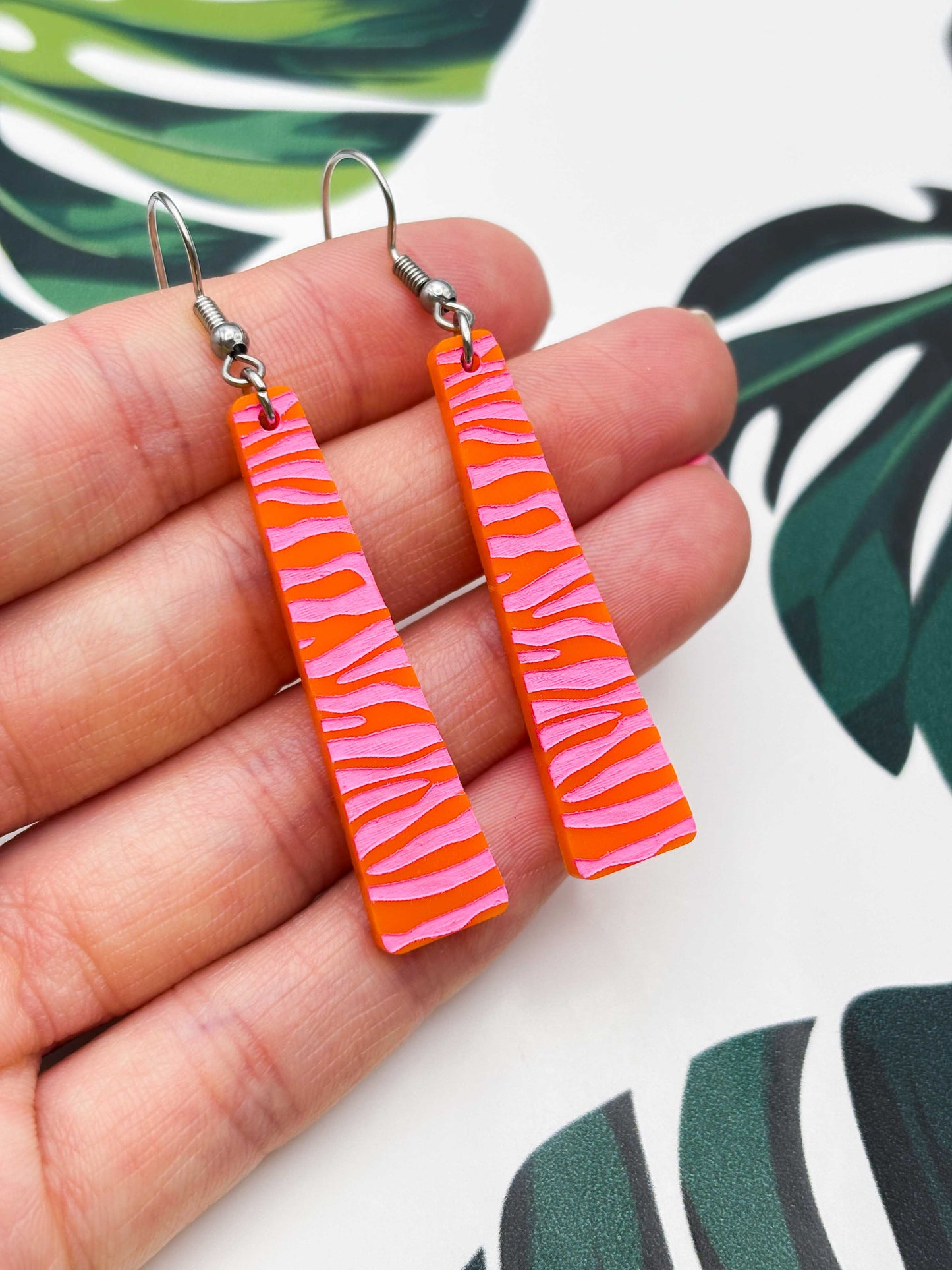 Large Hot Pink & Orange Zebra Print Trapeze Dangle Earrings or Necklace – Hypoallergenic Stainless Steel
