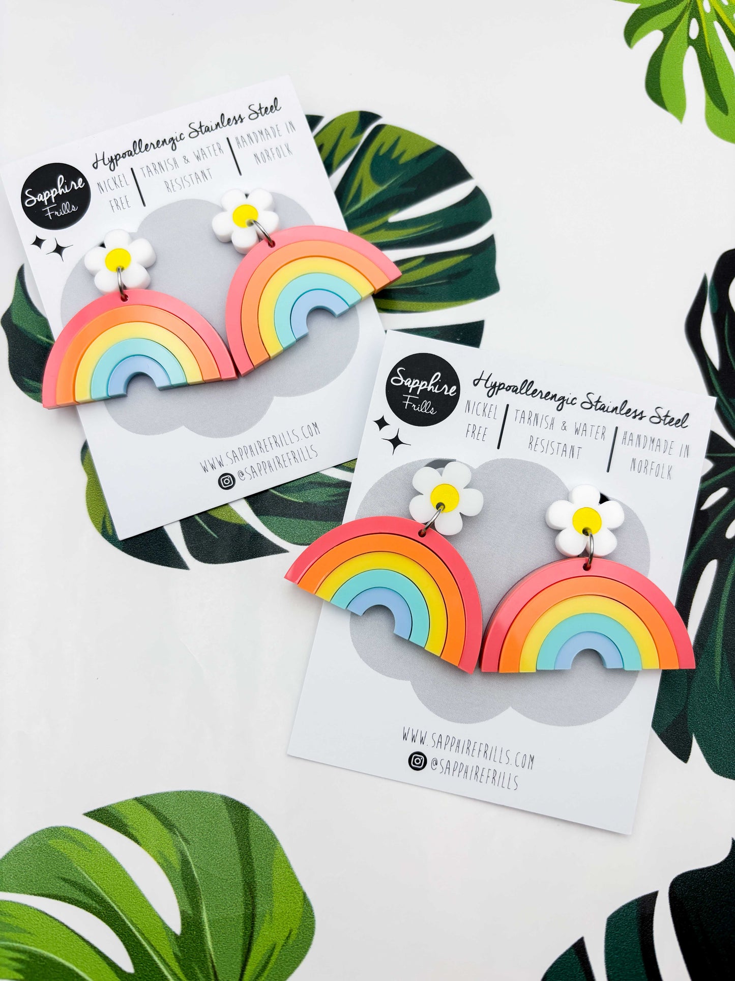 Pastel Rainbow with Daisy Statement Dangle Earrings – Hypoallergenic Stainless Steel