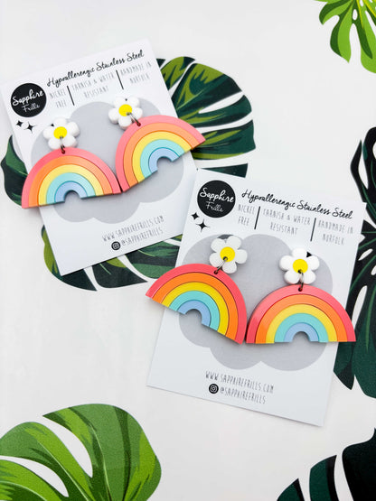 Pastel Rainbow with Daisy Statement Dangle Earrings – Hypoallergenic Stainless Steel