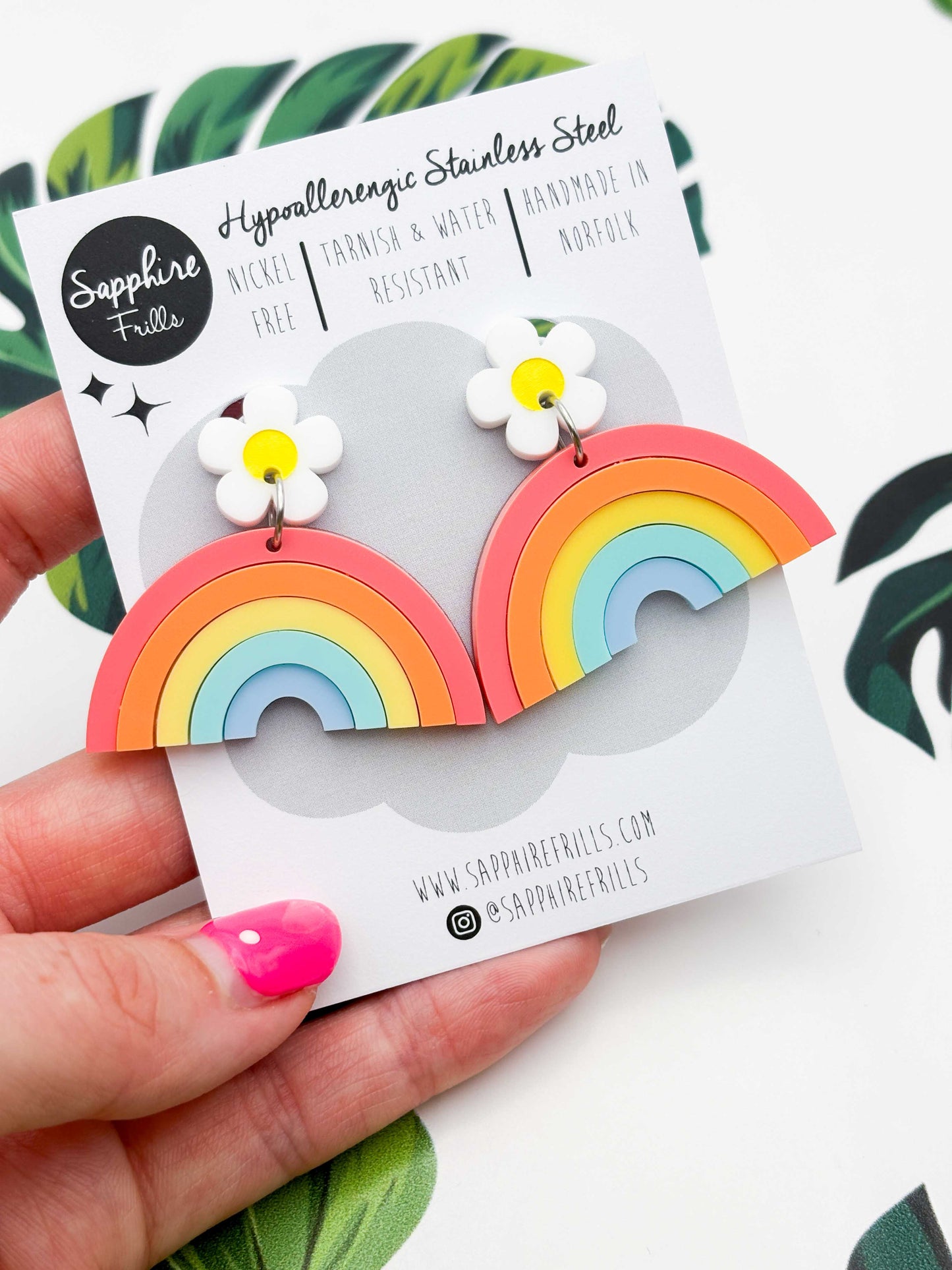 Pastel Rainbow with Daisy Statement Dangle Earrings – Hypoallergenic Stainless Steel