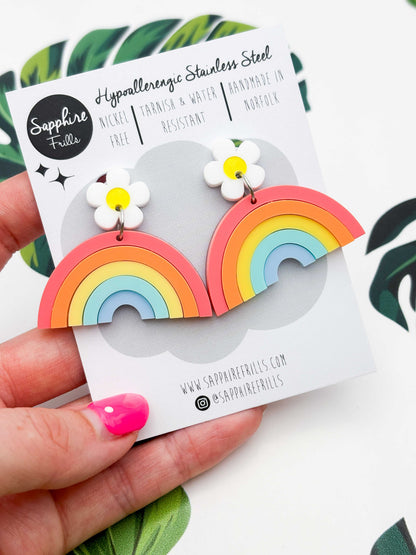 Pastel Rainbow with Daisy Statement Dangle Earrings – Hypoallergenic Stainless Steel