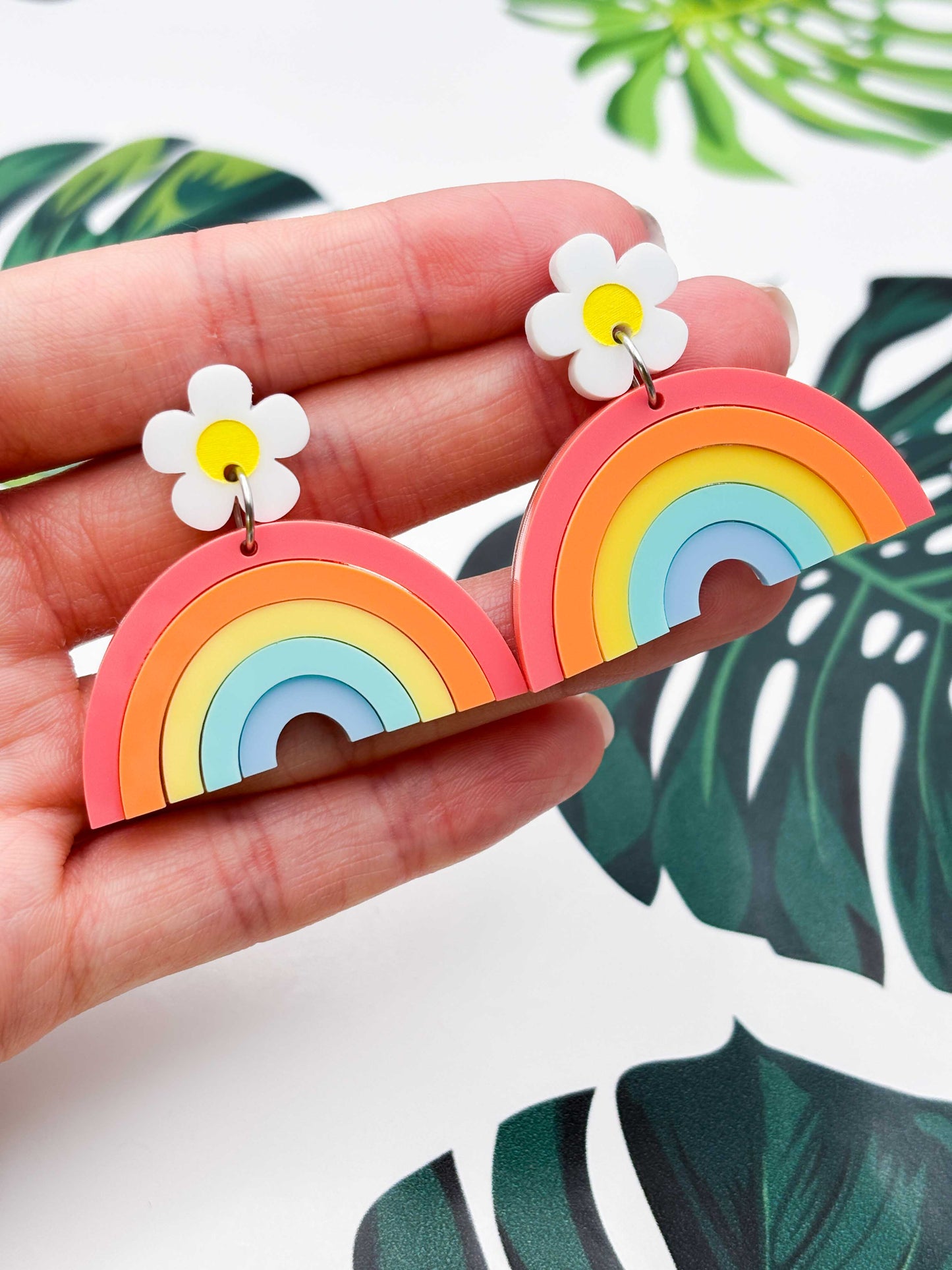 Pastel Rainbow with Daisy Statement Dangle Earrings – Hypoallergenic Stainless Steel