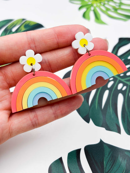 Pastel Rainbow with Daisy Statement Dangle Earrings – Hypoallergenic Stainless Steel
