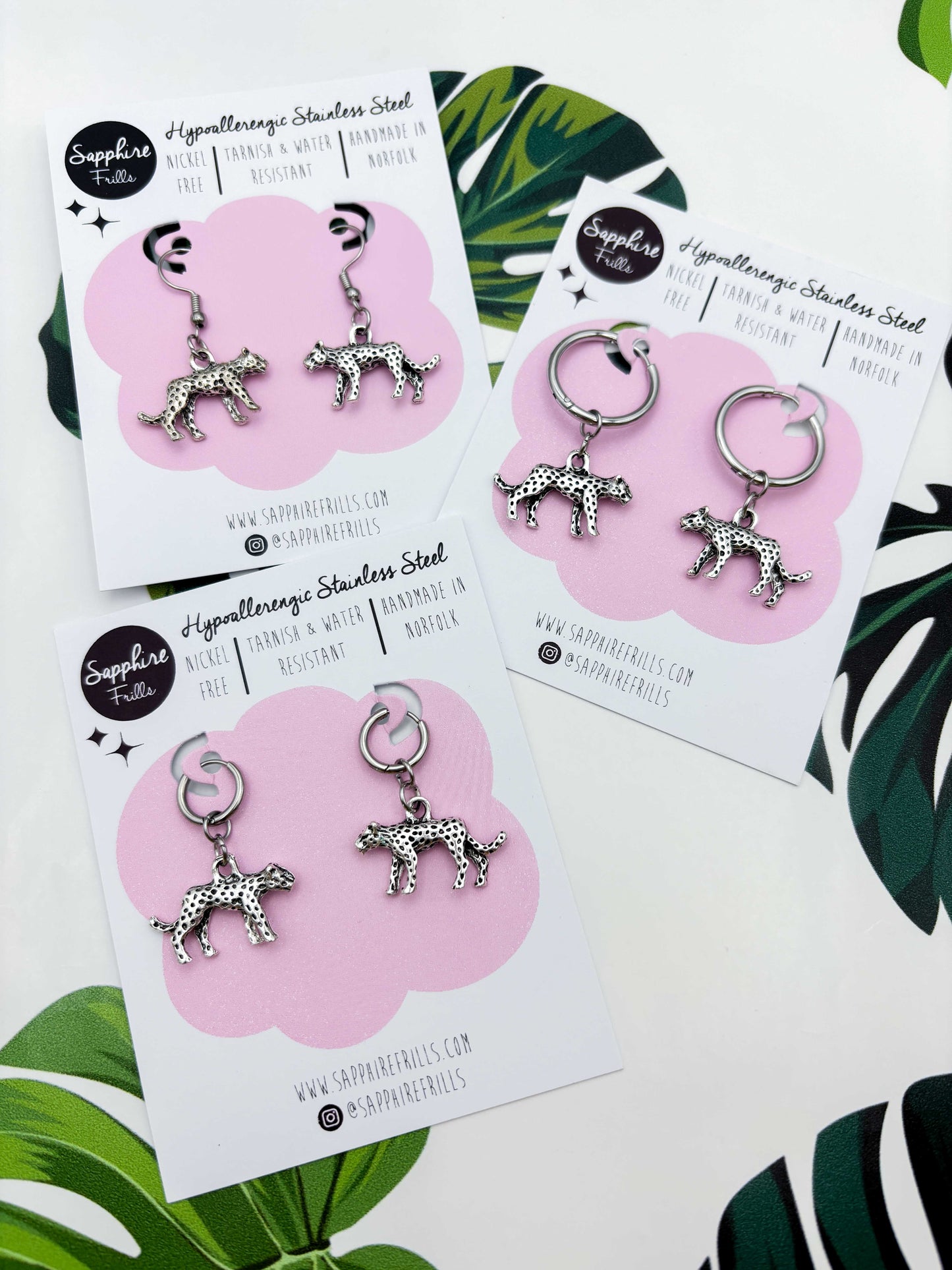 Small Silver Cheetah Charm Dangle Earrings or Necklace – Hypoallergenic Stainless Steel
