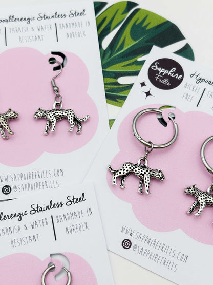 Small Silver Cheetah Charm Dangle Earrings or Necklace – Hypoallergenic Stainless Steel
