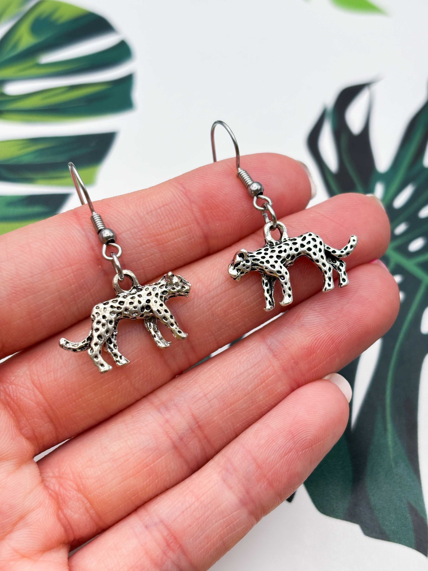 Small Silver Cheetah Charm Dangle Earrings or Necklace – Hypoallergenic Stainless Steel