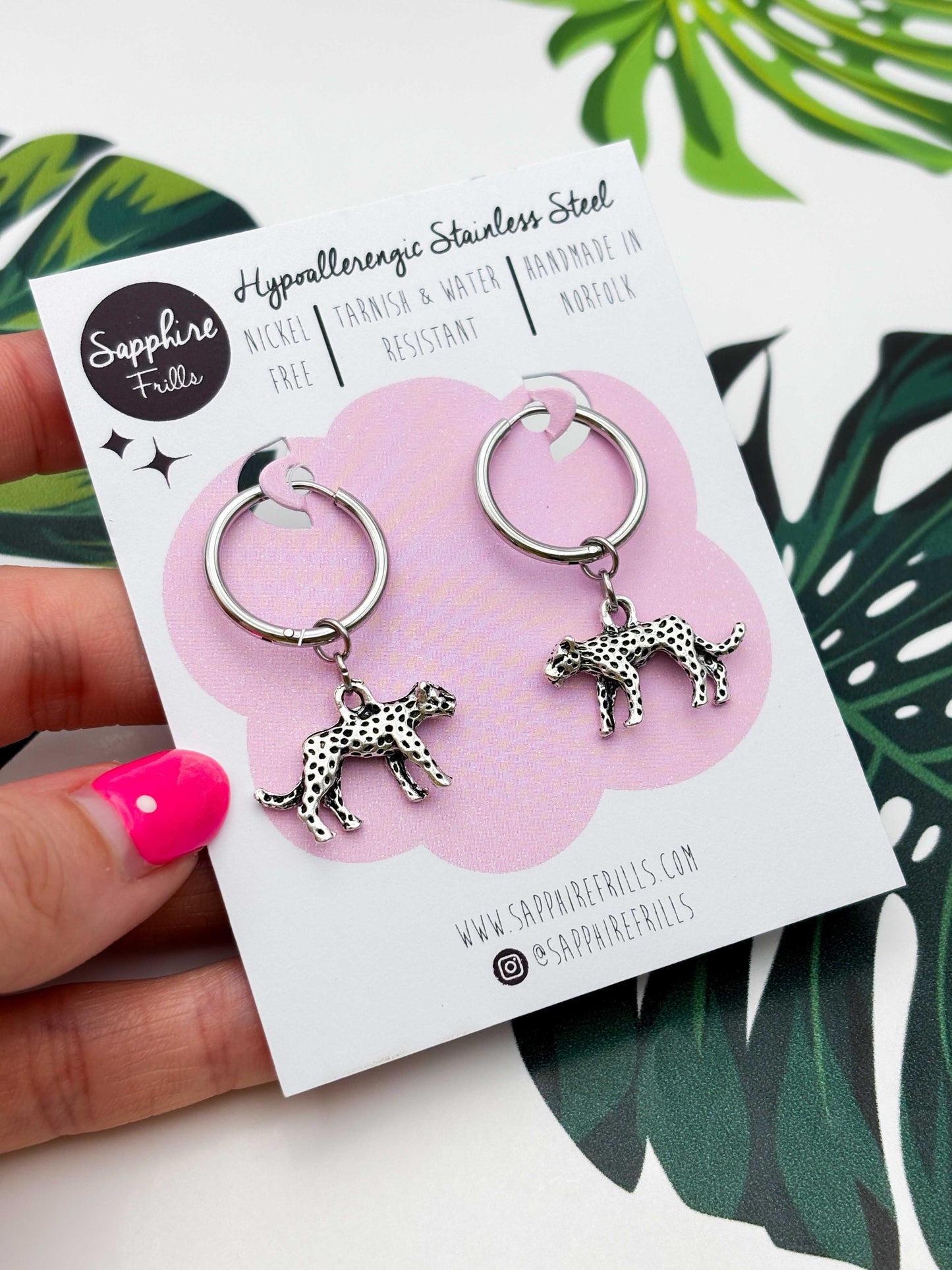 Small Silver Cheetah Charm Dangle Earrings or Necklace – Hypoallergenic Stainless Steel