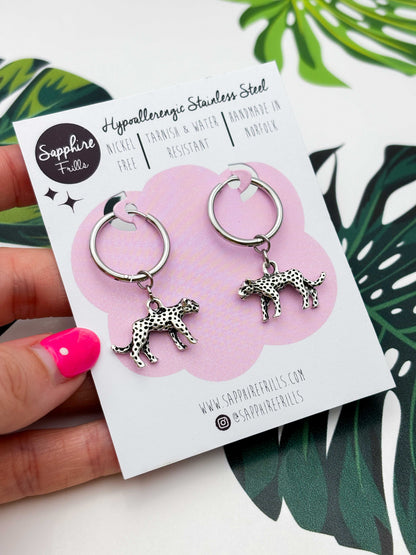 Small Silver Cheetah Charm Dangle Earrings or Necklace – Hypoallergenic Stainless Steel